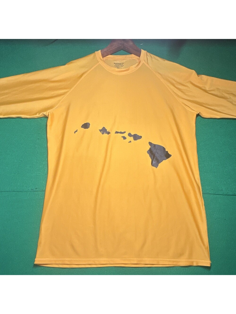 SeaHawaii Monkskin Men's Yellow Rash Guard Sun Shirt Size L Hawaii Map Aloha